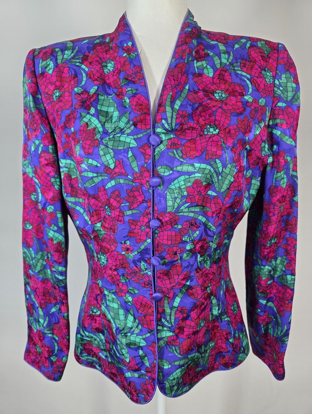 Adrianna‎ Papell Silk Blazer Floral Purple Pink Vintage 90s Jacket